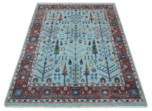 Traditional Handknotted Tree of Life Oriental Oushak Rug, Sky Blue and Rust |  NCP2747