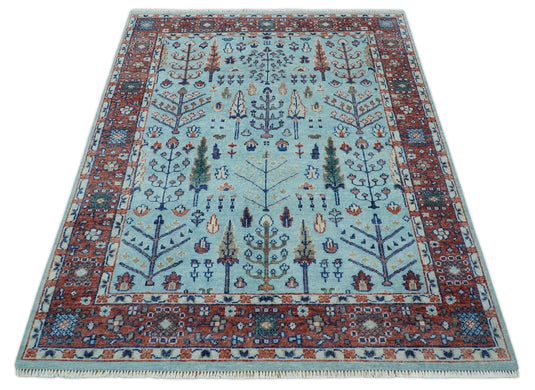 Traditional Handknotted Tree of Life Oriental Oushak Rug, Sky Blue and Rust |  NCP2747