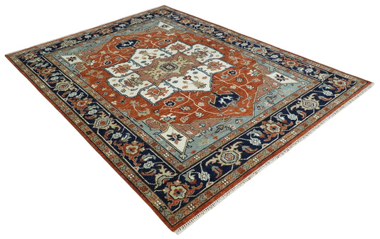 Antique Persian Heriz Serapi Rug, Rust Ivory and Blue Traditional Rug, Hand Knotted 3x5, 5x8, 6x9, 8x10, 9x12, Living Room Rug | CP923