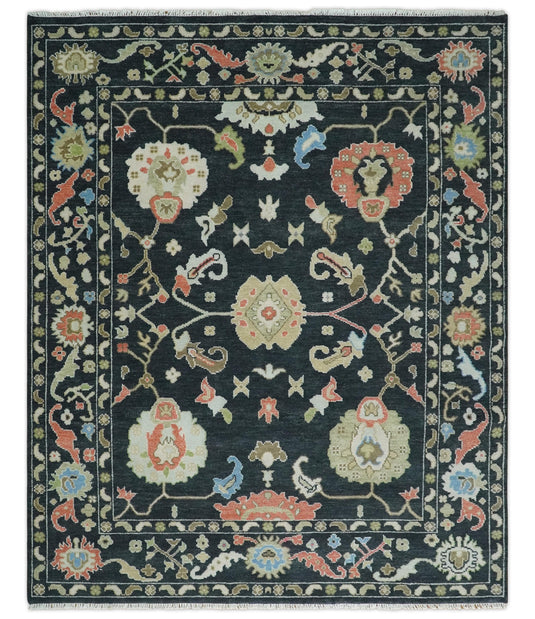 Antique Traditional Persian Hand knotted Oushak 8x10 Wool Charcoal and Beige Area Rug | CP997