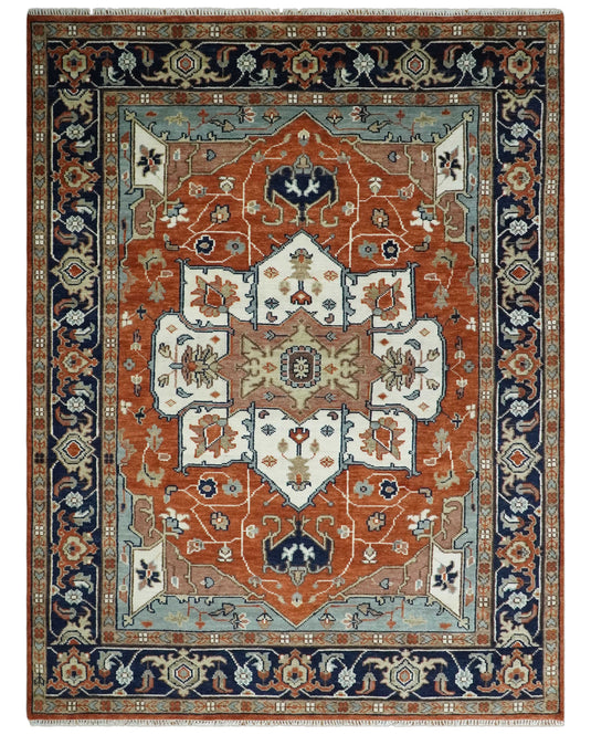 Antique Persian Heriz Serapi Rug, Rust Ivory and Blue Traditional Rug, Hand Knotted 3x5, 5x8, 6x9, 8x10, 9x12, Living Room Rug | CP923