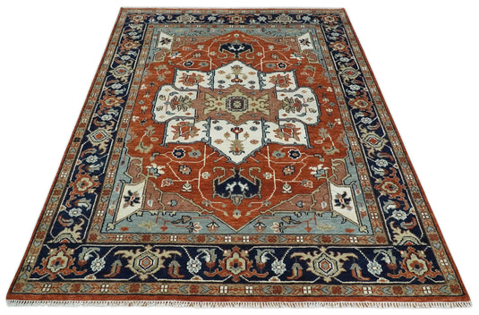 Antique Persian Heriz Serapi Rug, Rust Ivory and Blue Traditional Rug, Hand Knotted 3x5, 5x8, 6x9, 8x10, 9x12, Living Room Rug | CP923