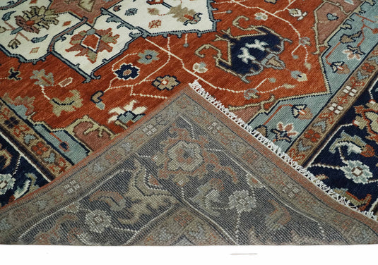 Antique Persian Heriz Serapi Rug, Rust Ivory and Blue Traditional Rug, Hand Knotted 3x5, 5x8, 6x9, 8x10, 9x12, Living Room Rug | CP923