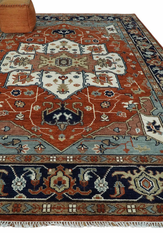 Antique Persian Heriz Serapi Rug, Rust Ivory and Blue Traditional Rug, Hand Knotted 3x5, 5x8, 6x9, 8x10, 9x12, Living Room Rug | CP923