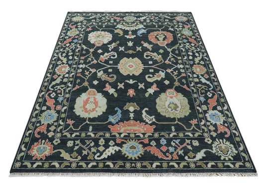 Antique Traditional Persian Hand knotted Oushak 8x10 Wool Charcoal and Beige Area Rug | CP997