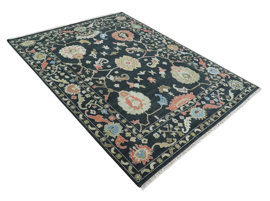 Antique Traditional Persian Hand knotted Oushak 8x10 Wool Charcoal and Beige Area Rug | CP997