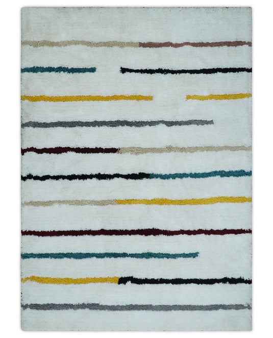 Hand Woven Soft White with Multicolored Stripes Plush  3x5, 4x6 and 5x7  Shaggy Area Rug | SHAG2