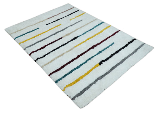 Hand Woven Soft White with Multicolored Stripes Plush  3x5, 4x6 and 5x7  Shaggy Area Rug | SHAG2