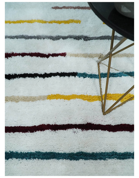 Hand Woven Soft White with Multicolored Stripes Plush  3x5, 4x6 and 5x7  Shaggy Area Rug | SHAG2