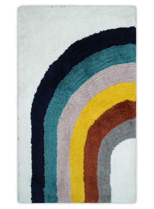 Hand Woven Soft White with Multicolored Stripes Plush  3x5, 4x6 and 5x7  Shaggy Area Rug | SHAG4