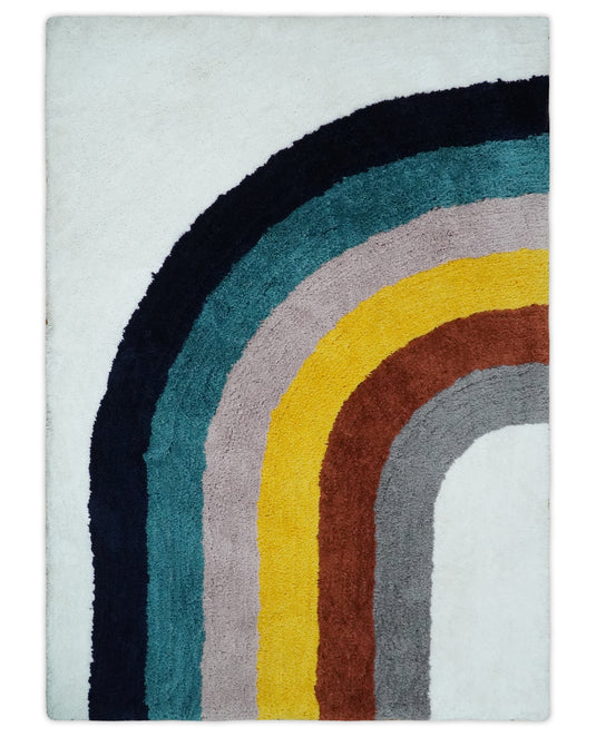 Hand Woven Soft White with Multicolored Stripes Plush  3x5, 4x6 and 5x7  Shaggy Area Rug | SHAG4