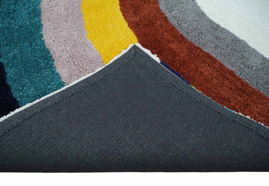Hand Woven Soft White with Multicolored Stripes Plush  3x5, 4x6 and 5x7  Shaggy Area Rug | SHAG4