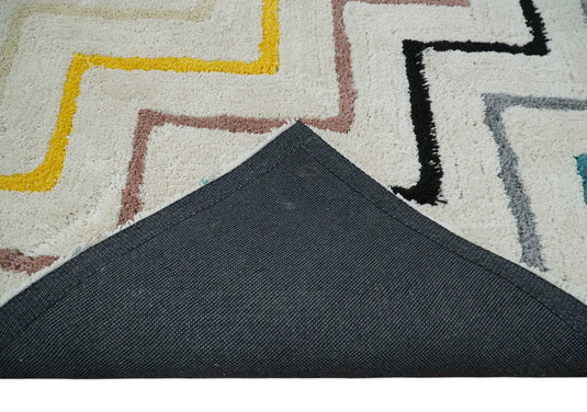 Hand Woven Soft Ivory with Multicolored Stripes Plush  3x5, 4x6 and 5x7  Shaggy Area Rug | SHAG5