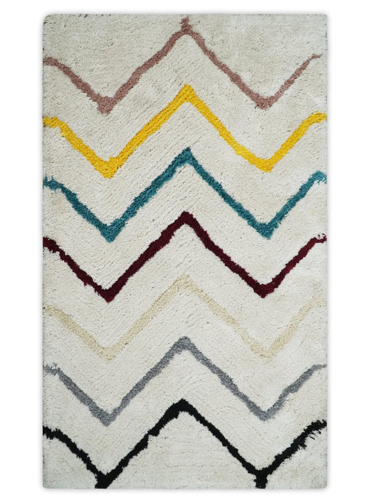 Hand Woven Soft Ivory with Multicolored Stripes Plush  3x5, 4x6 and 5x7  Shaggy Area Rug | SHAG5