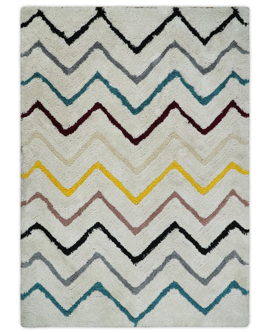 Hand Woven Soft Ivory with Multicolored Stripes Plush  3x5, 4x6 and 5x7  Shaggy Area Rug | SHAG5
