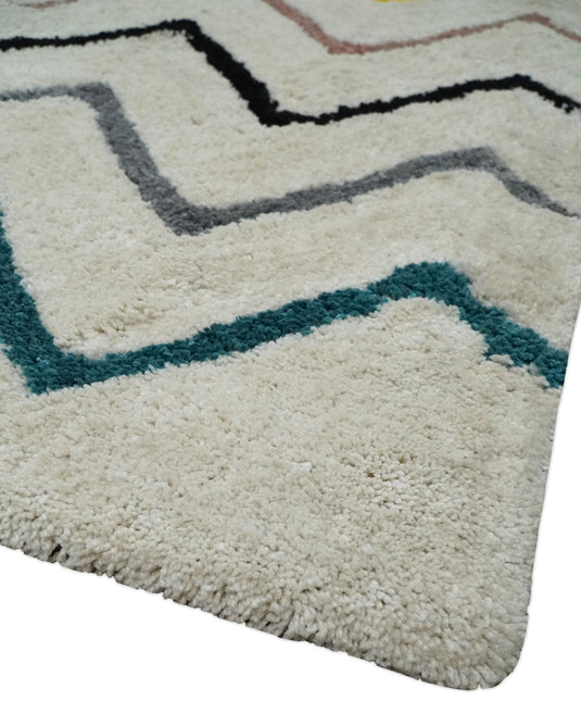 Hand Woven Soft Ivory with Multicolored Stripes Plush  3x5, 4x6 and 5x7  Shaggy Area Rug | SHAG5
