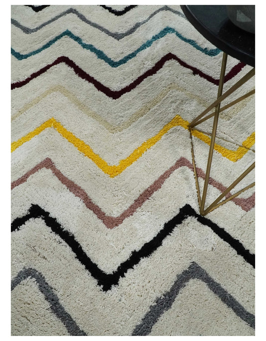 Hand Woven Soft Ivory with Multicolored Stripes Plush  3x5, 4x6 and 5x7  Shaggy Area Rug | SHAG5