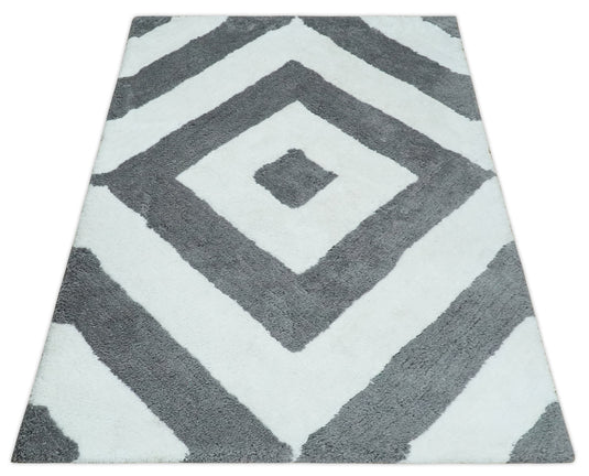 Hand Woven Soft geometric grey and Ivory Plush 3x5, 4x6 and 5x7  Shaggy Area Rug | SHAG9