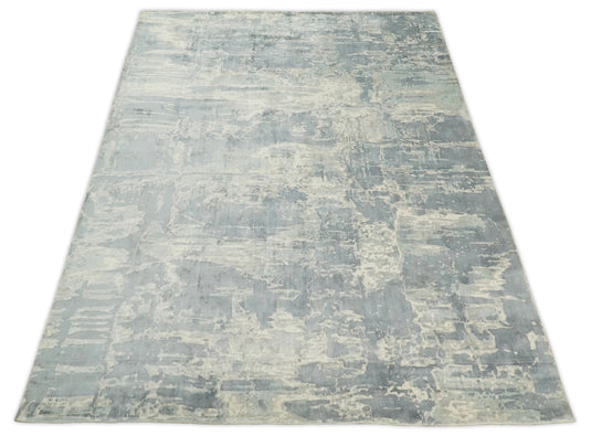 Abstract Modern Bamboo Silk Area Rug, Living Room Rug, Bedroom rug and Dinning room Rug, Beige and grey, 8x10