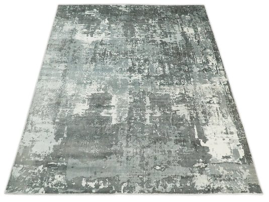 Abstract Modern Bamboo Silk Area Rug, Living Room Rug, Bedroom rug and Dinning room Rug, Ivory and Charcoal, 8x10