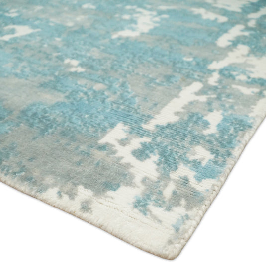 Abstract Modern Bamboo Silk Area Rug, Living Room Rug, Bedroom rug and Dinning room Rug, Blue and Ivory, 8x10