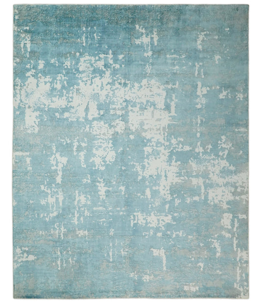 Abstract Modern Bamboo Silk Area Rug, Living Room Rug, Bedroom rug and Dinning room Rug, Blue and Ivory, 8x10