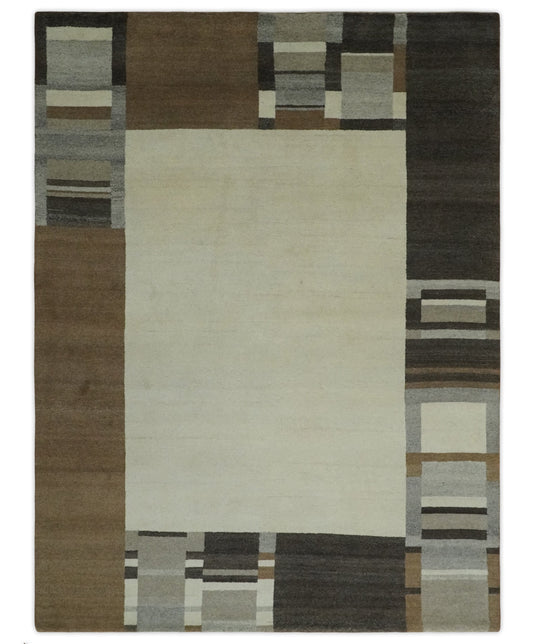 Hand Knotted Ivory, Brown and charcoal Stripes Lori Gabbeh Traditional Antique Southwestern rug, 6X8