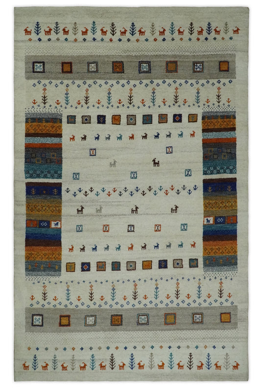 Hand Knotted animal Life Ivory with multicolored figures Lori Gabbeh Traditional Antique Southwestern rug, 6X8