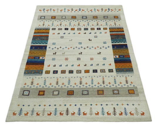 Hand Knotted animal Life Ivory with multicolored figures Lori Gabbeh Traditional Antique Southwestern rug, 6X8