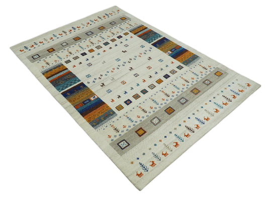 Hand Knotted animal Life Ivory with multicolored figures Lori Gabbeh Traditional Antique Southwestern rug, 6X8