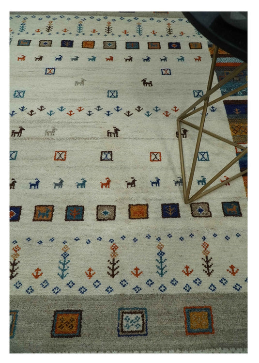 Hand Knotted animal Life Ivory with multicolored figures Lori Gabbeh Traditional Antique Southwestern rug, 6X8