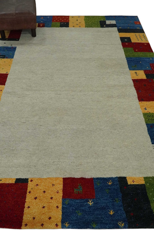 Hand Knotted modern Ivory with multicolored stripes Lori Gabbeh Traditional Antique Southwestern rug, 6X8