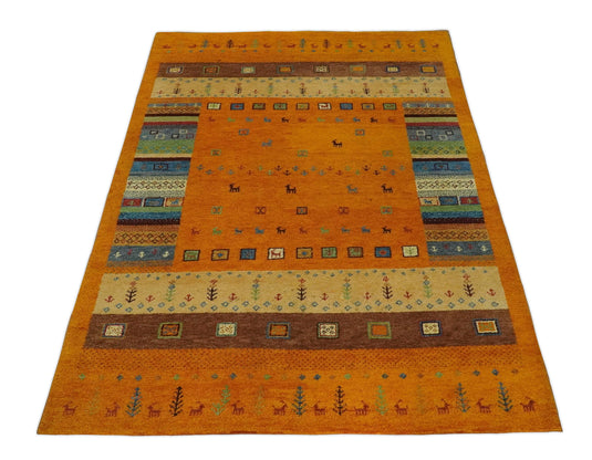 Hand Knotted Animal Life Gold with multicolored figures Lori Gabbeh Traditional Antique Southwestern rug, 6X8