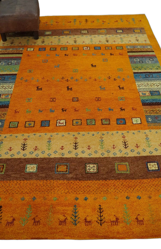 Hand Knotted Animal Life Gold with multicolored figures Lori Gabbeh Traditional Antique Southwestern rug, 6X8