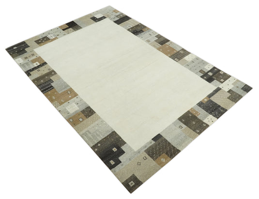 Hand Knotted modern Ivory with multicolored stripes Lori Gabbeh Traditional Antique Southwestern rug, 6X8