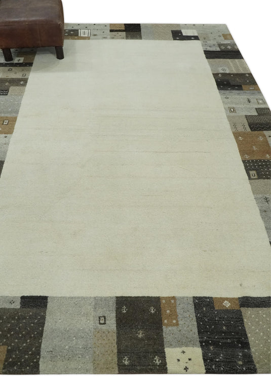 Hand Knotted modern Ivory with multicolored stripes Lori Gabbeh Traditional Antique Southwestern rug, 6X8