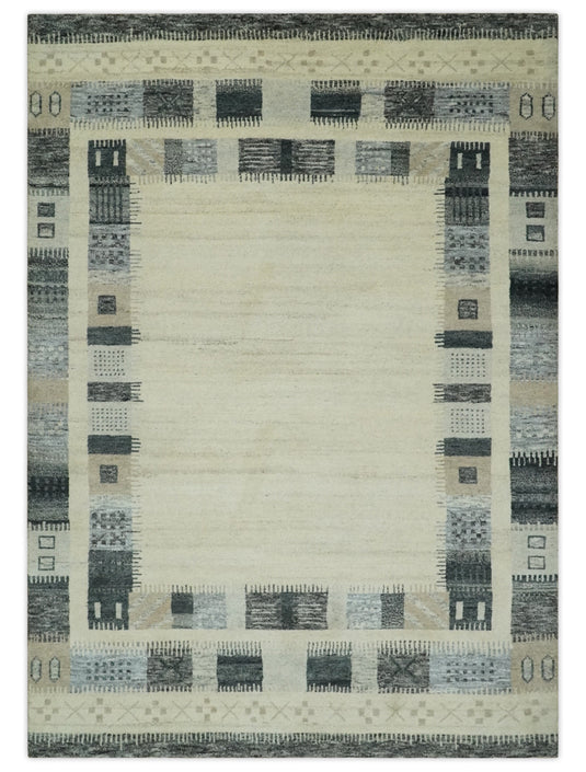 Hand Knotted modern Beige and charcoal stripes Lori Gabbeh Traditional Antique Southwestern rug, 6X8