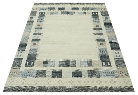 Hand Knotted modern Beige and charcoal stripes Lori Gabbeh Traditional Antique Southwestern rug, 6X8