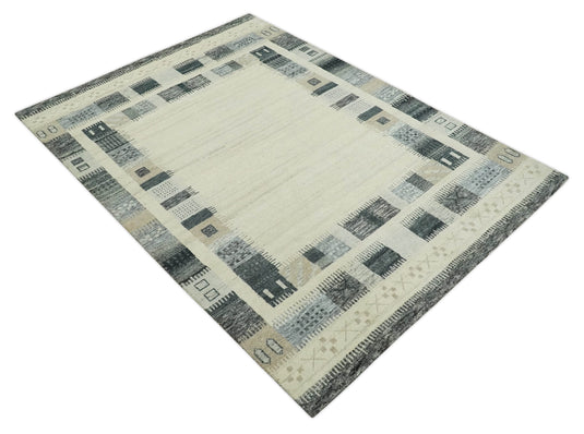 Hand Knotted modern Beige and charcoal stripes Lori Gabbeh Traditional Antique Southwestern rug, 6X8