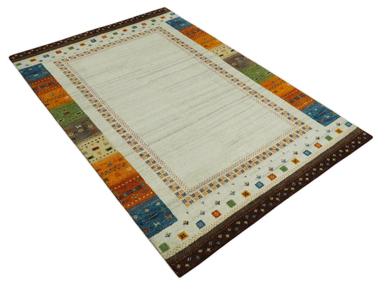 Hand Knotted Ivory with multicolored stripes border Gabbeh Traditional Antique Southwestern rug, 6X8