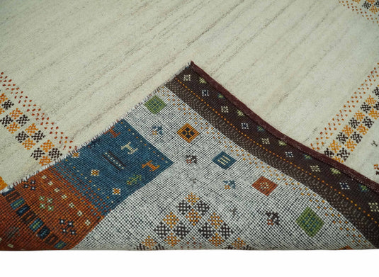 Hand Knotted Ivory with multicolored stripes border Gabbeh Traditional Antique Southwestern rug, 6X8