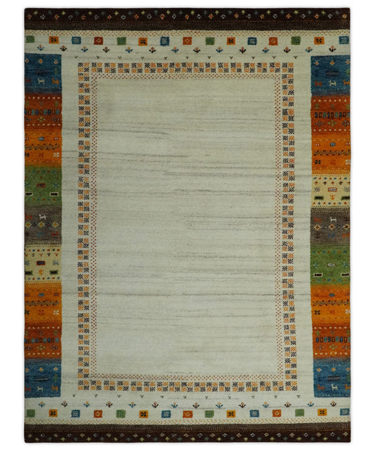 Hand Knotted Ivory with multicolored stripes border Gabbeh Traditional Antique Southwestern rug, 6X8