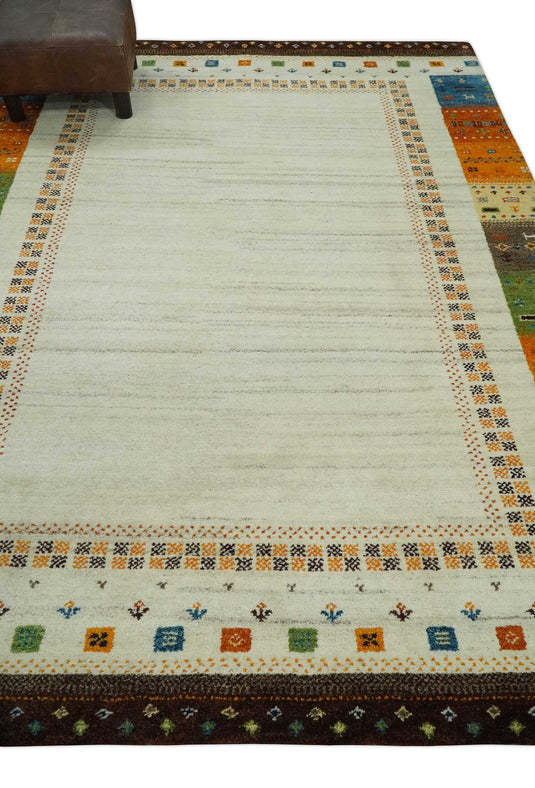 Hand Knotted Ivory with multicolored stripes border Gabbeh Traditional Antique Southwestern rug, 6X8