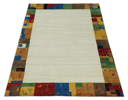 Hand Knotted Ivory with multicolored stripes border Gabbeh Traditional Antique Southwestern rug, 5X8