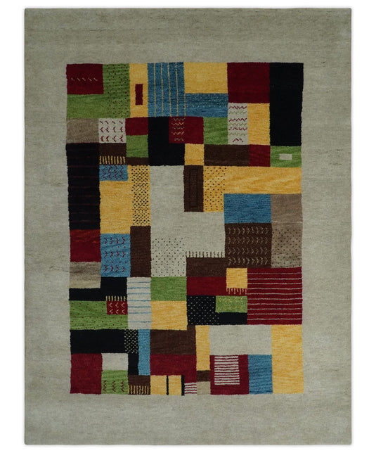 Hand Knotted Ivory with multicolored stripes Gabbeh Traditional Antique Southwestern rug, 6X8