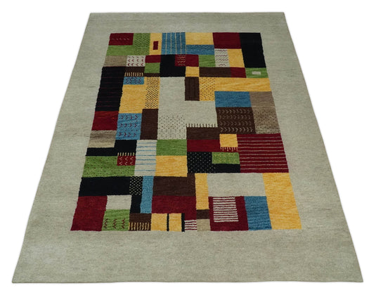 Hand Knotted Ivory with multicolored stripes Gabbeh Traditional Antique Southwestern rug, 6X8