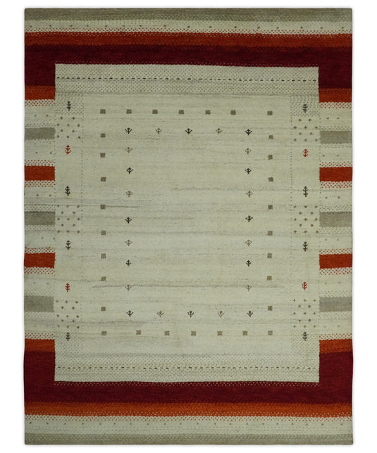 Hand Knotted Ivory with rust stripes border Gabbeh Traditional Antique Southwestern rug, 6X8