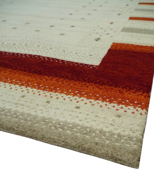 Hand Knotted Ivory with rust stripes border Gabbeh Traditional Antique Southwestern rug, 6X8