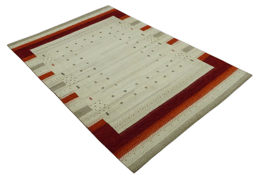 Hand Knotted Ivory with rust stripes border Gabbeh Traditional Antique Southwestern rug, 6X8