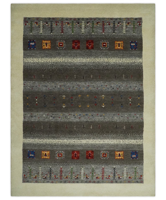 Hand Knotted modern Beige and Grey stripes Lori Gabbeh Traditional Antique Southwestern rug, 6X8